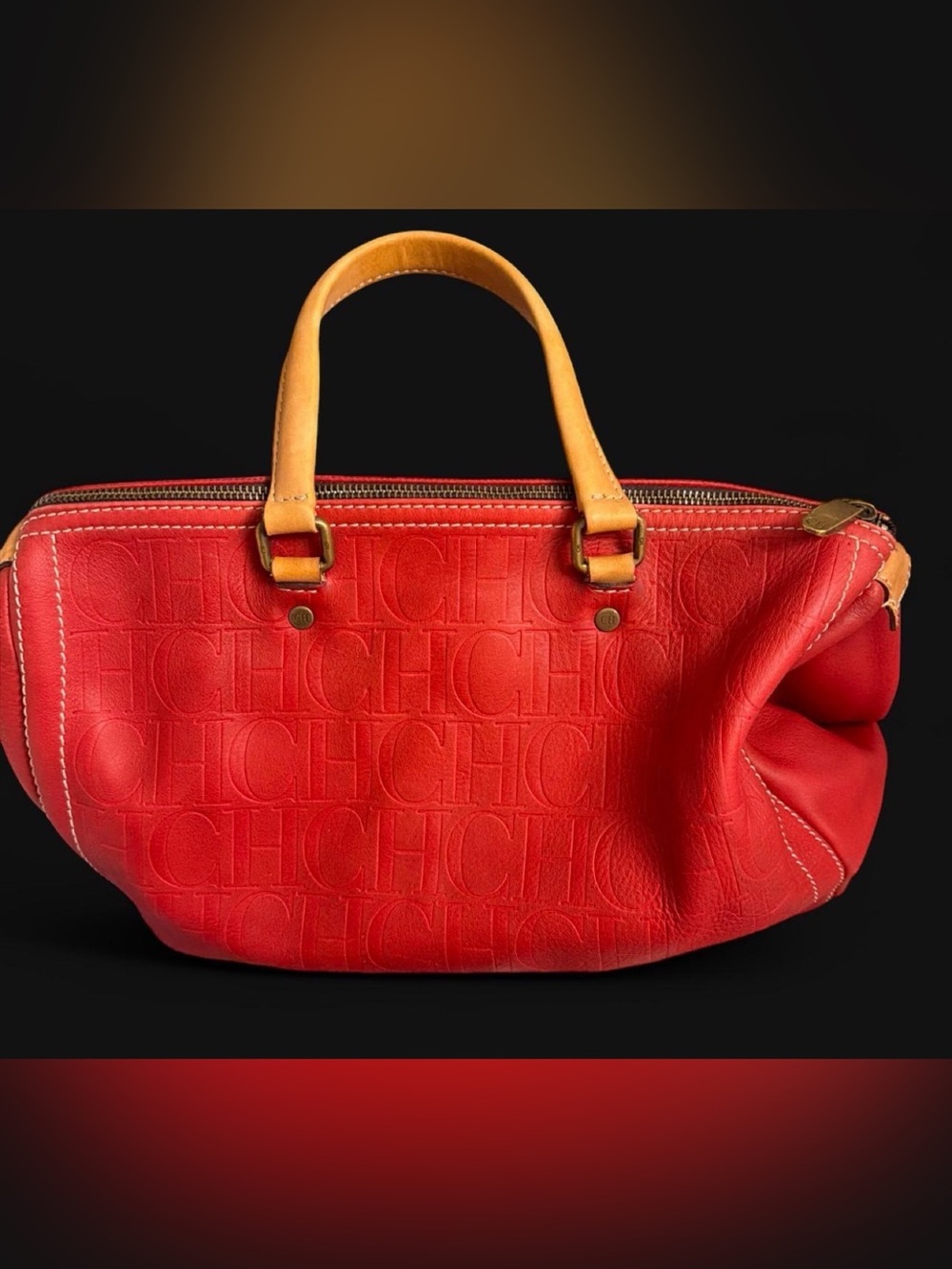 CH Embossed Red Leather satchel with Tan Handles